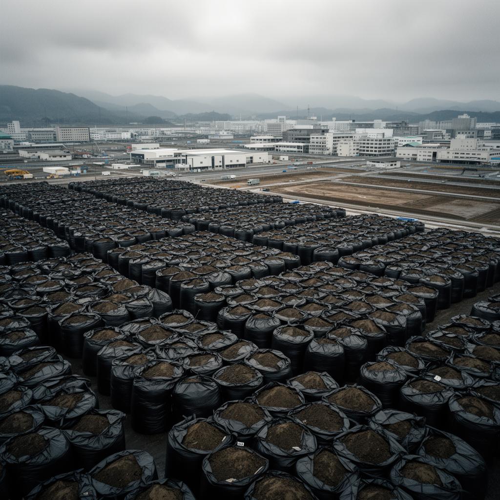 Rows of black bulk bags storing contaminated soil at a Fukushima remediation site, Japan