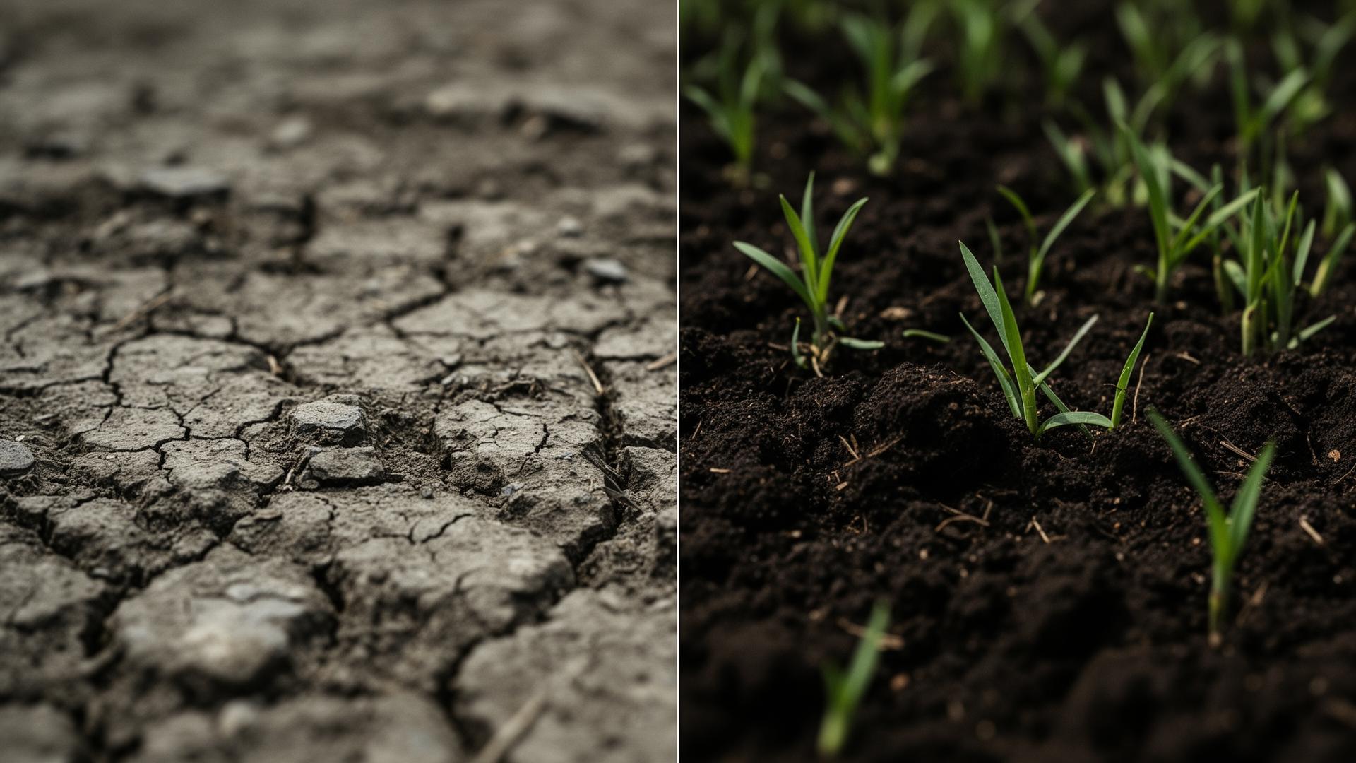 Soil before and after remediation — degraded contaminated earth on the left, restored fertile soil with green sprouts on the right